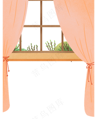 手绘卡通呆粉色窗帘的窗户免扣元