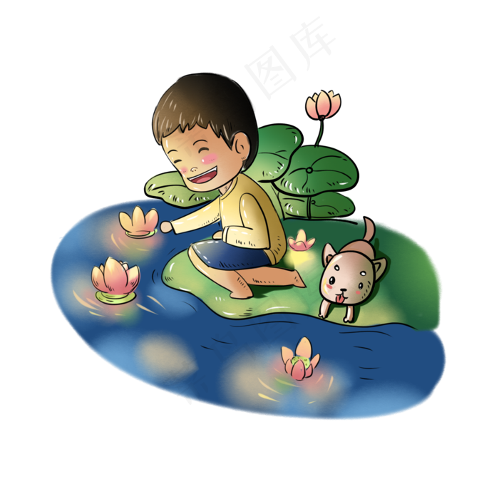 中元节鬼节小男孩放河灯插图(2000X2000(DPI:300))psd模版下载
