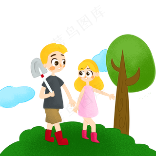 手绘植树节卡通男孩和女孩辛勤植