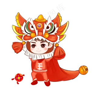 卡通手绘风舞狮男生,免抠元素