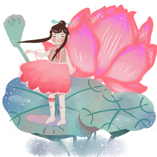 梦幻风中国风水彩女孩儿站在荷花