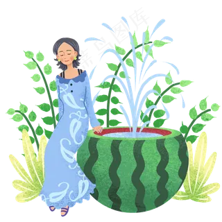 小暑西瓜喷泉和女孩