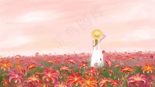 在花海里眺望的少女