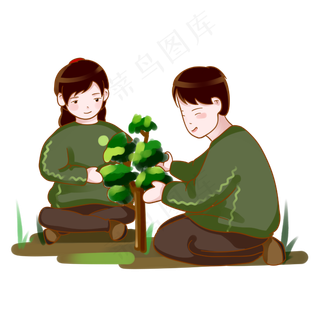 植树节青年志愿者爱护树苗PNG