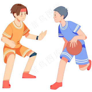 卡通手绘男孩和朋友开心打篮球