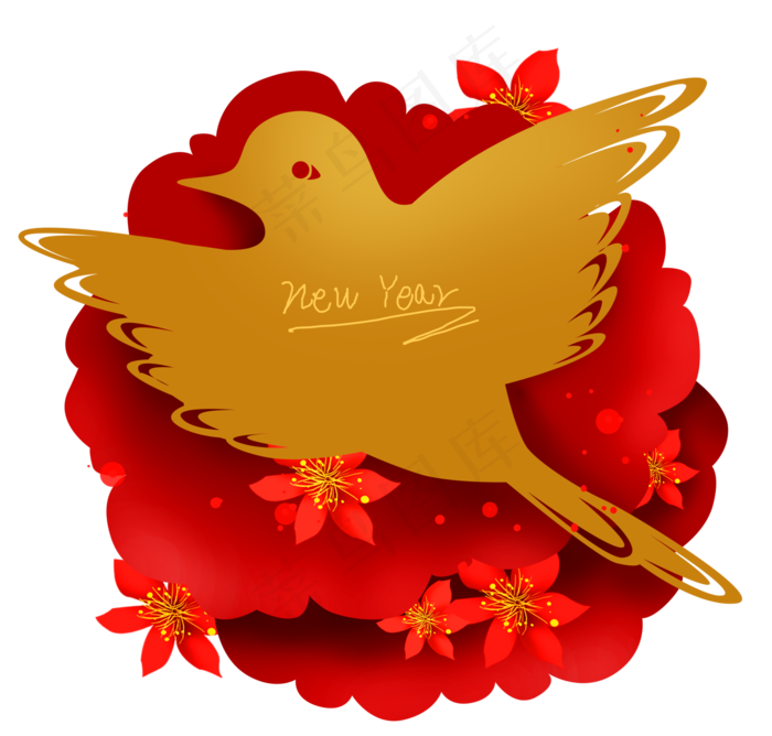 新年中国风花鸟红色文字框,免抠元素(5040*4806px 300 dpi )psd模版下载