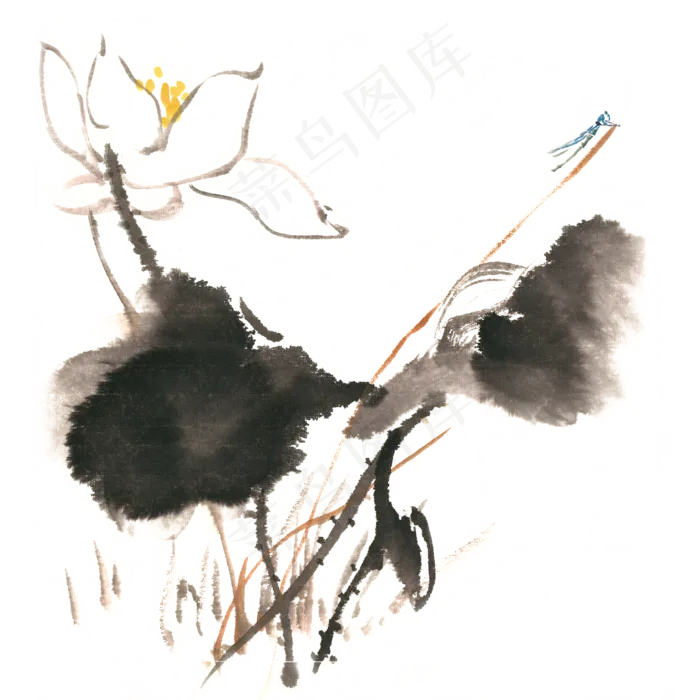 荷叶蜻蜓水墨画PNG免抠素材(3545X5315(DPI:300))psd模版下载