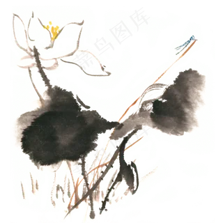 荷叶蜻蜓水墨画PNG免抠素材