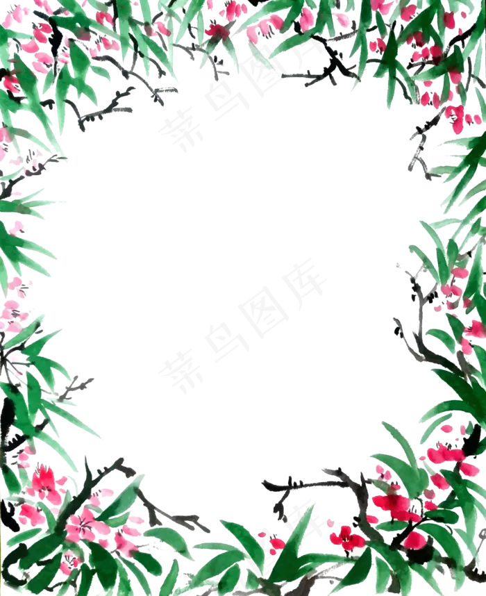 清明国画水墨装饰边框春天绿树红