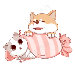 手绘插图可爱猫咪与小狗玩耍PSD源,免抠元素