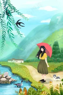 清明节少女河边散步