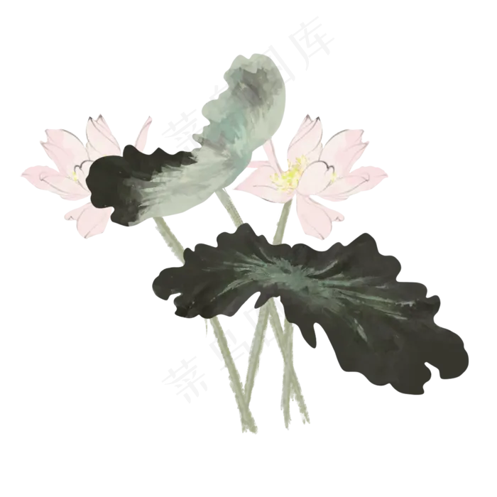 手绘中国风荷花水墨画PNG素材(2000X2000(DPI:300))psd模版下载