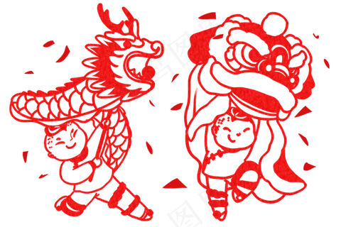 春节习俗舞狮舞龙剪纸,免抠元素