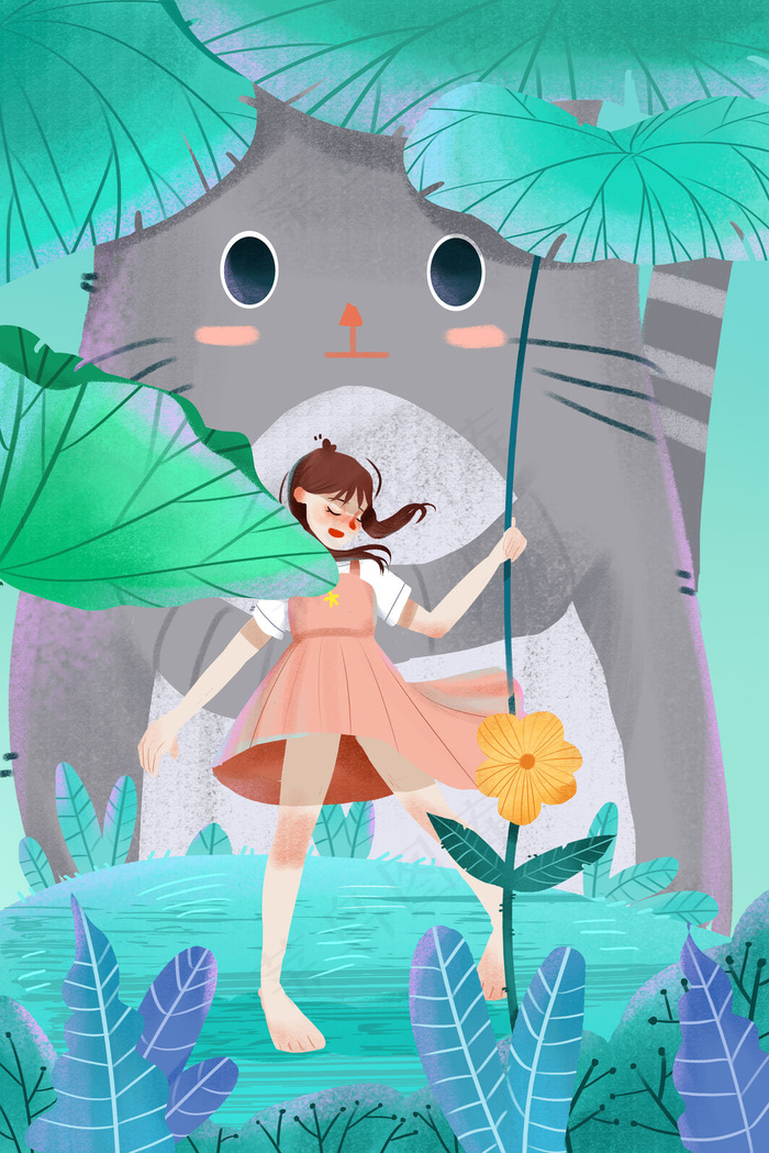 夏天立夏夏日初夏夏至大暑少女猫咪夏日插画