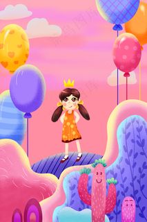 粉色系卡通手绘风儿童节女孩气球配图