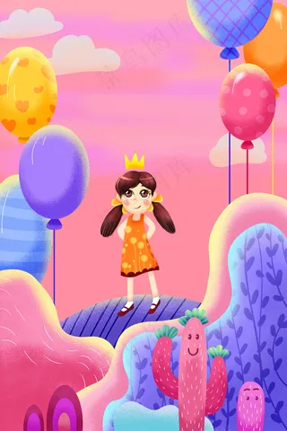 粉色系卡通手绘风儿童节女孩气球配图