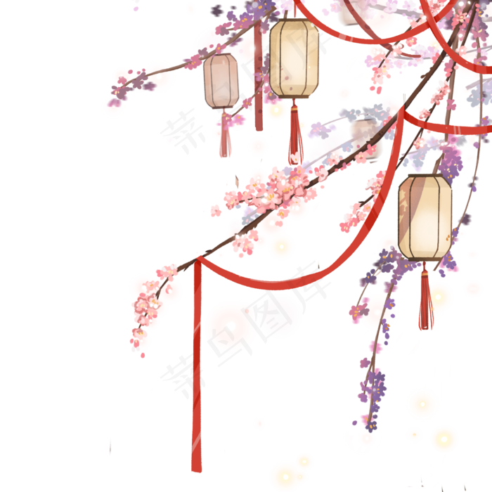 复古风花灯花枝组合,免抠元素(2000X2000(DPI:300))psd模版下载