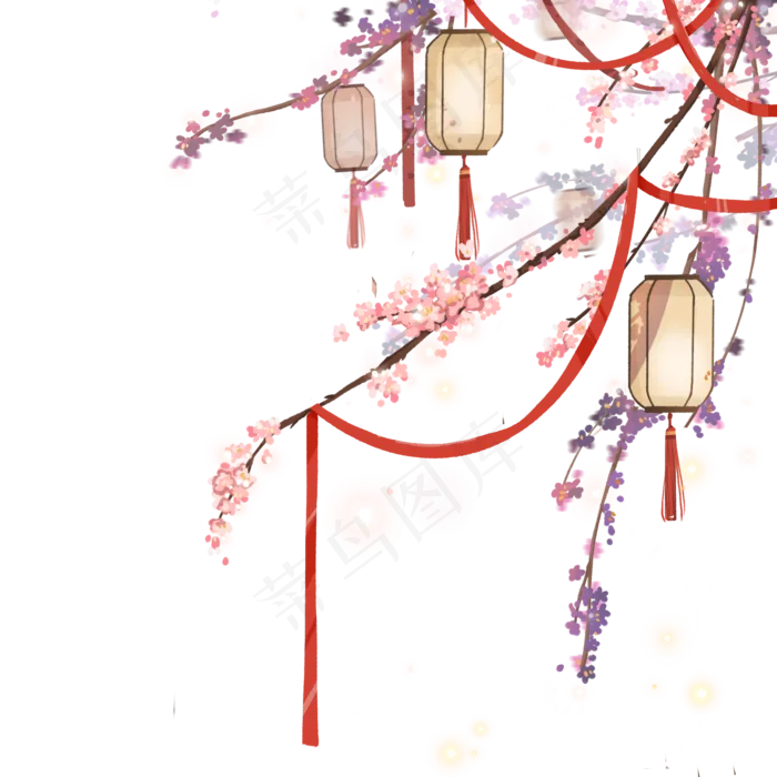 复古风花灯花枝组合,免抠元素(2000X2000(DPI:300))psd模版下载