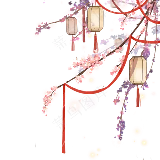 复古风花灯花枝组合,免抠元素
