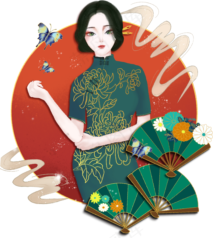 国潮旗袍美女模特图,免抠元素
