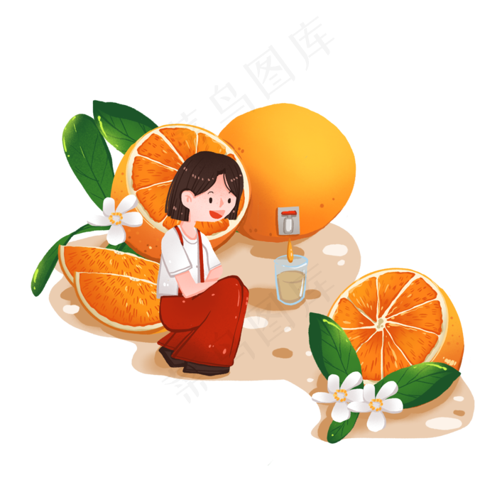 应季水果丰收之喝橙汁的女孩和橙(2000X2000(DPI:300))psd模版下载
