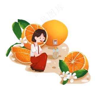 应季水果丰收之喝橙汁的女孩和橙