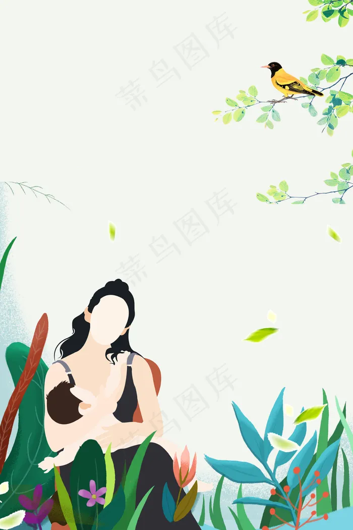 花丛中抱着孩子阅读的母亲(3545*5315px 	      )psd模版下载