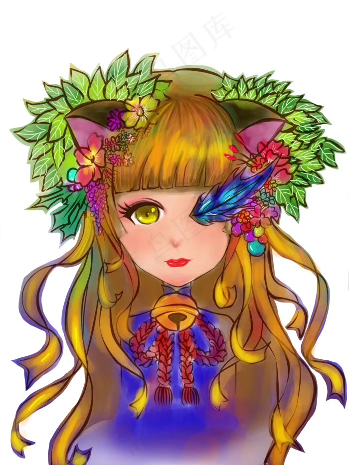 夏至绿叶葱葱猫耳娘PNG(2448X3264(DPI:72))psd模版下载
