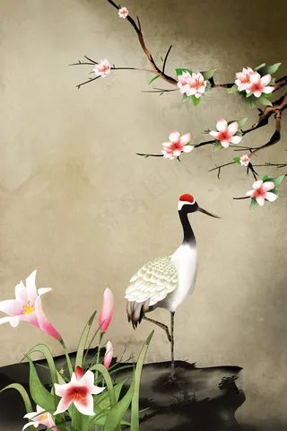 工笔画中国风百合杜鹃花仙鹤