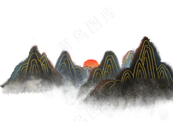 手绘水墨金线镀金山水