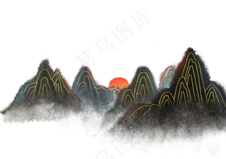 手绘水墨金线镀金山水