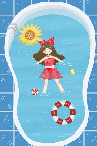 夏日泳池惬意少女