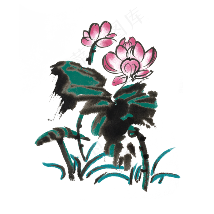 荷花荷叶水墨手绘风(4000X4000(DPI:300))psd模版下载