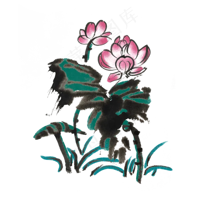 荷花荷叶水墨手绘风(4000X4000(DPI:300))psd模版下载