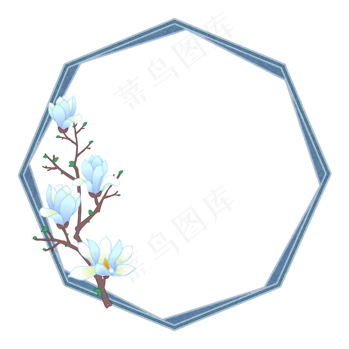 玉兰花蓝色典雅边框PNG素材,免抠元素(2000X2000(DPI:300))psd模版下载