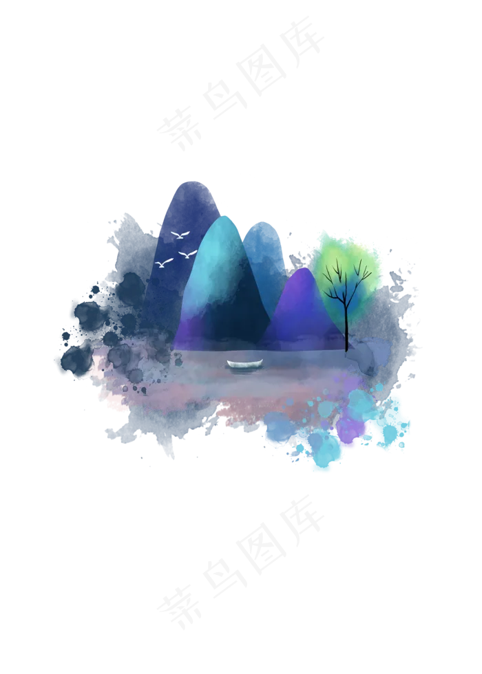 水墨水彩古风山水画装饰(2000X2800(DPI:300))psd模版下载