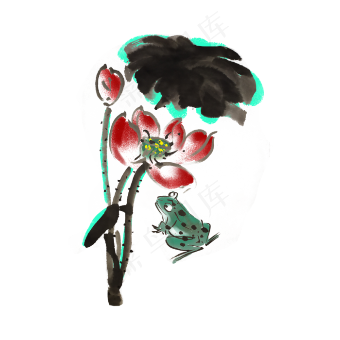 水墨风青蛙荷叶手绘插画