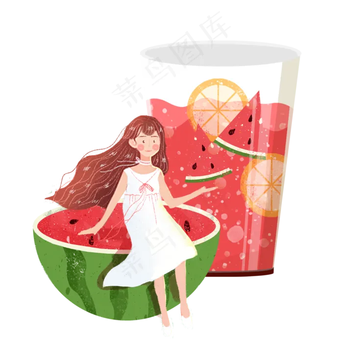 大暑西瓜杯果汁女孩png素材(2000X2000(DPI:300))psd模版下载