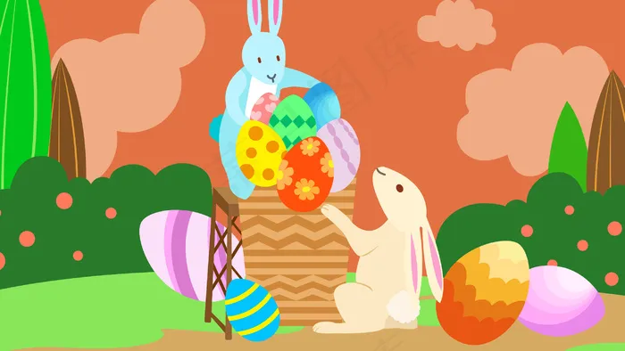 扁平风复活节兔子搬彩蛋配图(2880*1620px 300 dpi )ai矢量模版下载