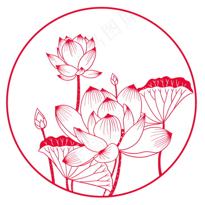 红色剪纸荷花荷叶