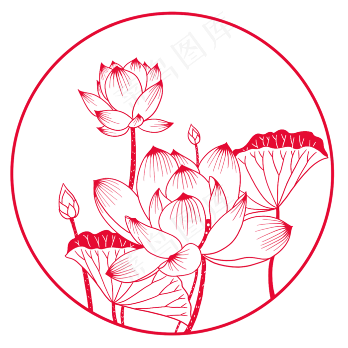 红色剪纸荷花荷叶(2000X2000(DPI:300))psd模版下载