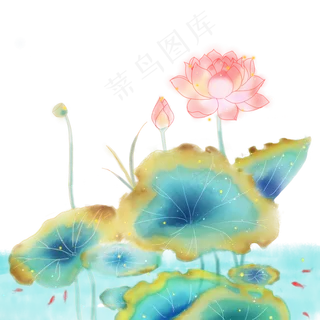 手绘荷花荷叶水雾png素材