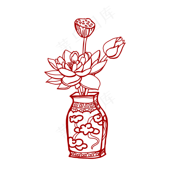 中国风红色剪纸荷花莲花莲蓬花瓶(2000X2000(DPI:300))psd模版下载