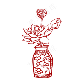 中国风红色剪纸荷花莲花莲蓬花瓶