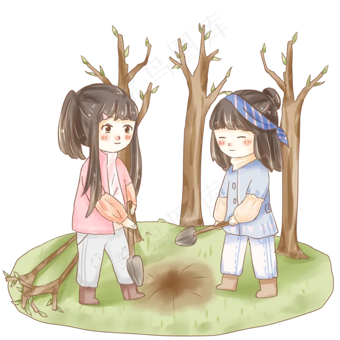 植树节女孩们挖坑种树