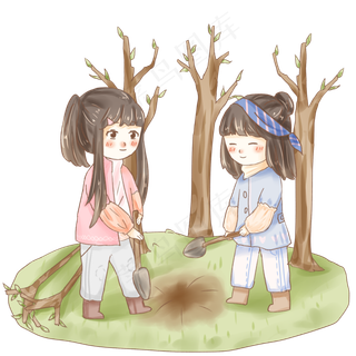 植树节女孩们挖坑种树