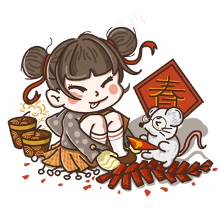 2020可爱少女鼠年新春放鞭炮