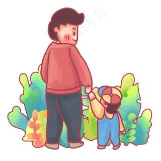 拉着幼小儿子的父亲背影