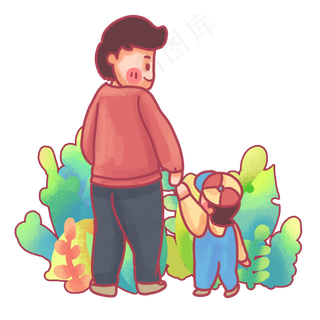 拉着幼小儿子的父亲背影