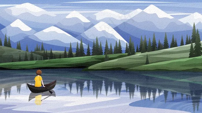 女孩在雪山前的湖泊上划船(2880X1620(DPI:300))psd模版下载